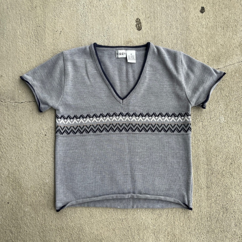 Y2K Cozy Women V Neck Short Sleeve Sweater Geometric Pattern Knit‎ Top M